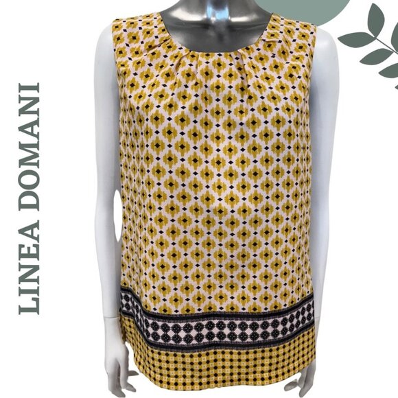 Linea Domani Yellow Patterned Top Button Back Detail | Sleeveless Blouse Size 4 - Picture 1 of 6